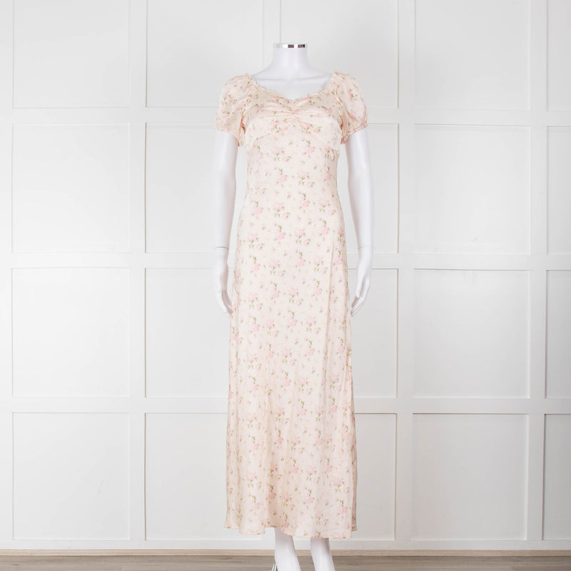 LoveShackFancy Peach Pale Pink Flower Cap Sleeve Silk Dress