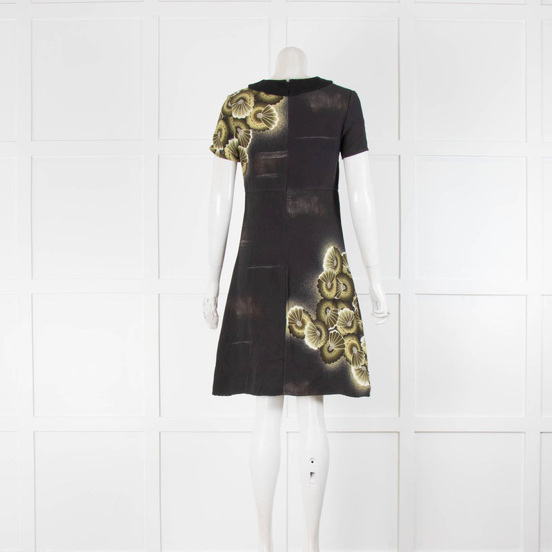 Prada Black Khaki Floral Short Sleeve Dress