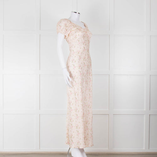LoveShackFancy Peach Pale Pink Flower Cap Sleeve Silk Dress