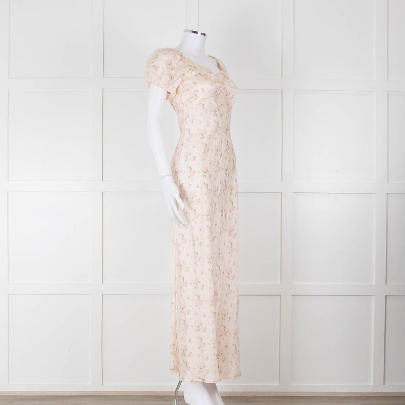 LoveShackFancy Peach Pale Pink Flower Cap Sleeve Silk Dress