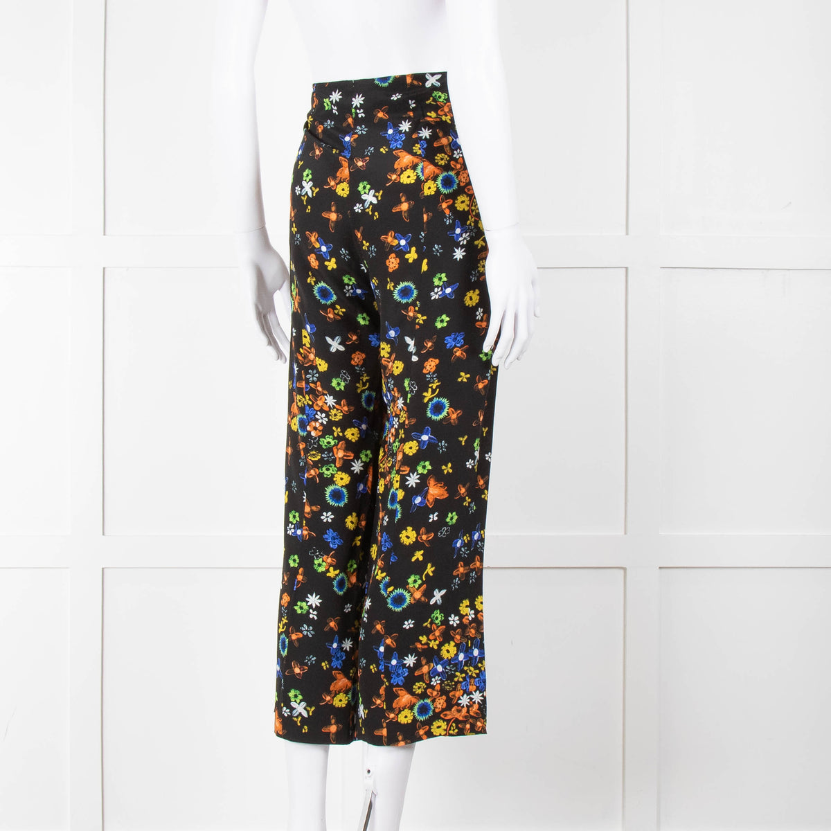 Prada Black Orange Yellow Floral Silk Trousers
