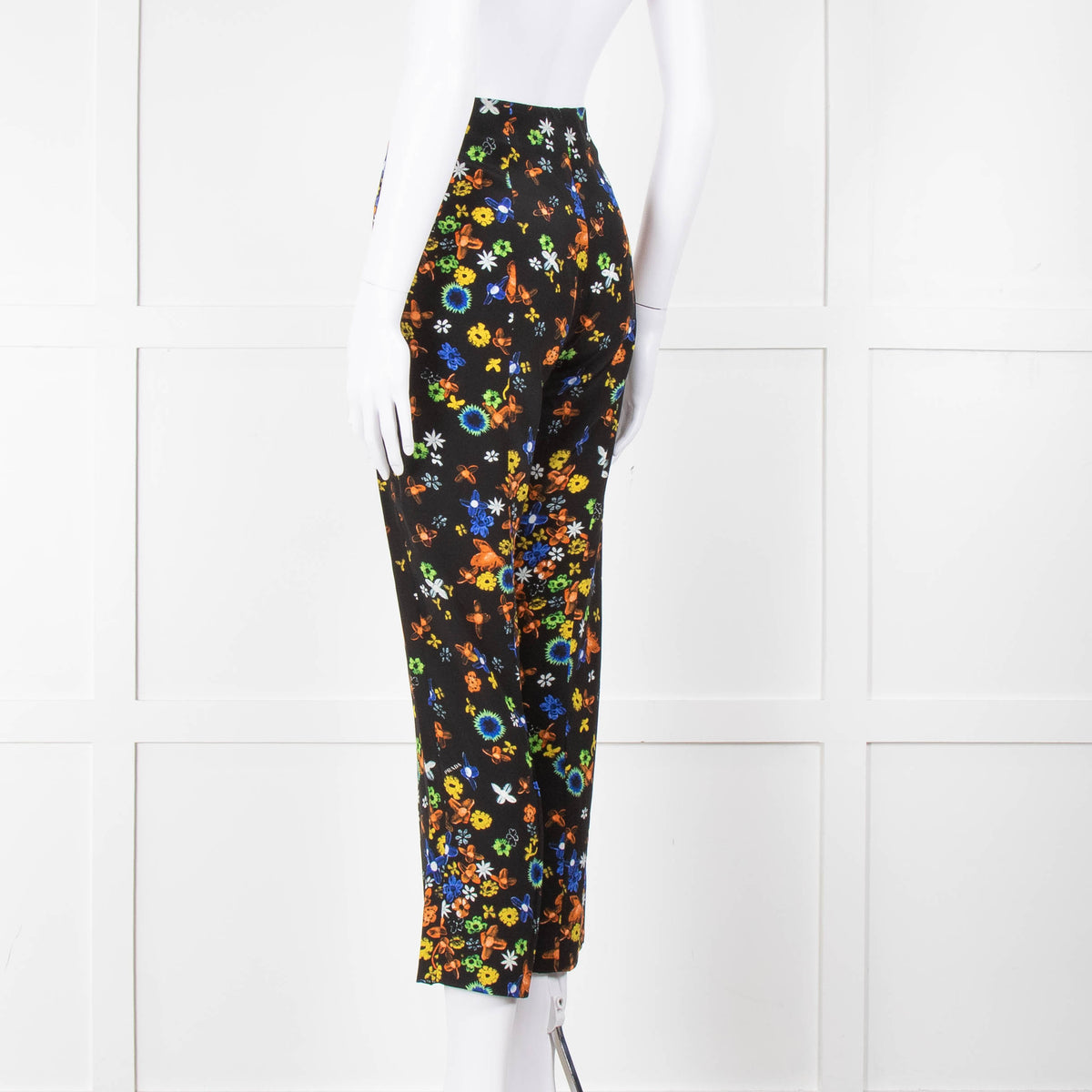 Prada Black Orange Yellow Floral Silk Trousers