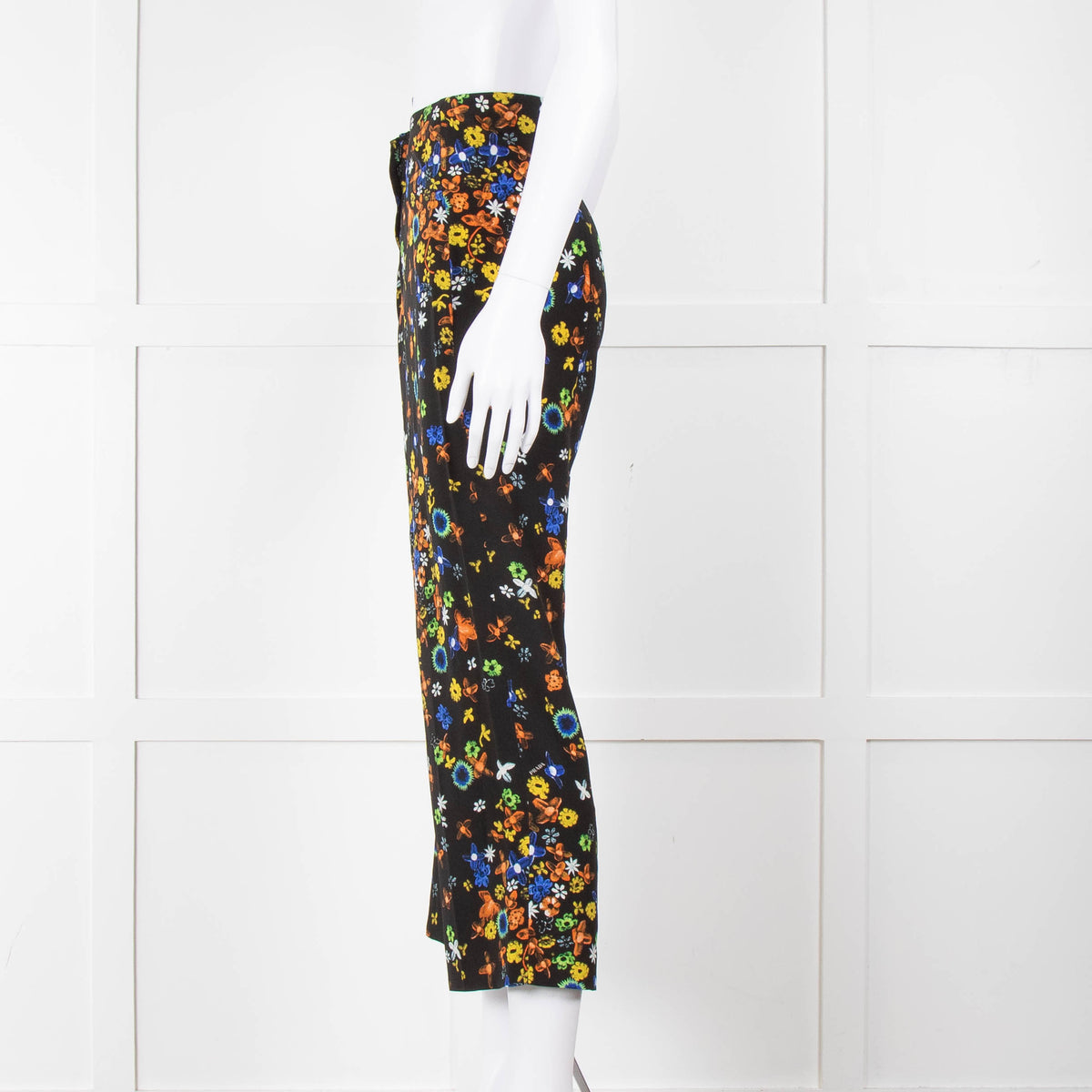 Prada Black Orange Yellow Floral Silk Trousers