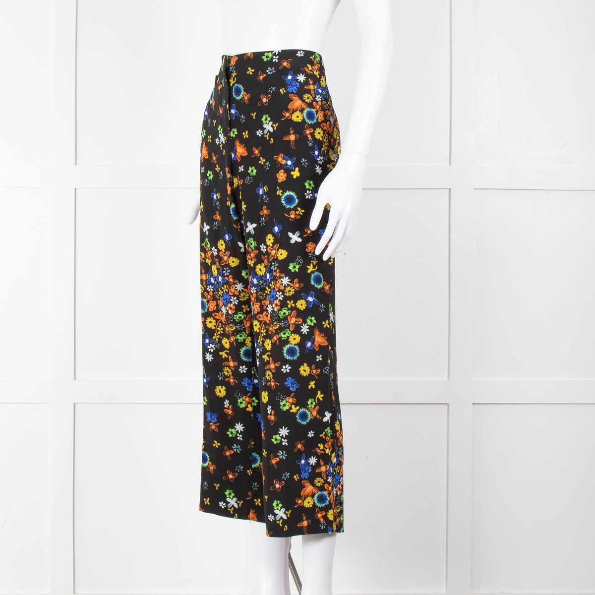 Prada Black Orange Yellow Floral Silk Trousers