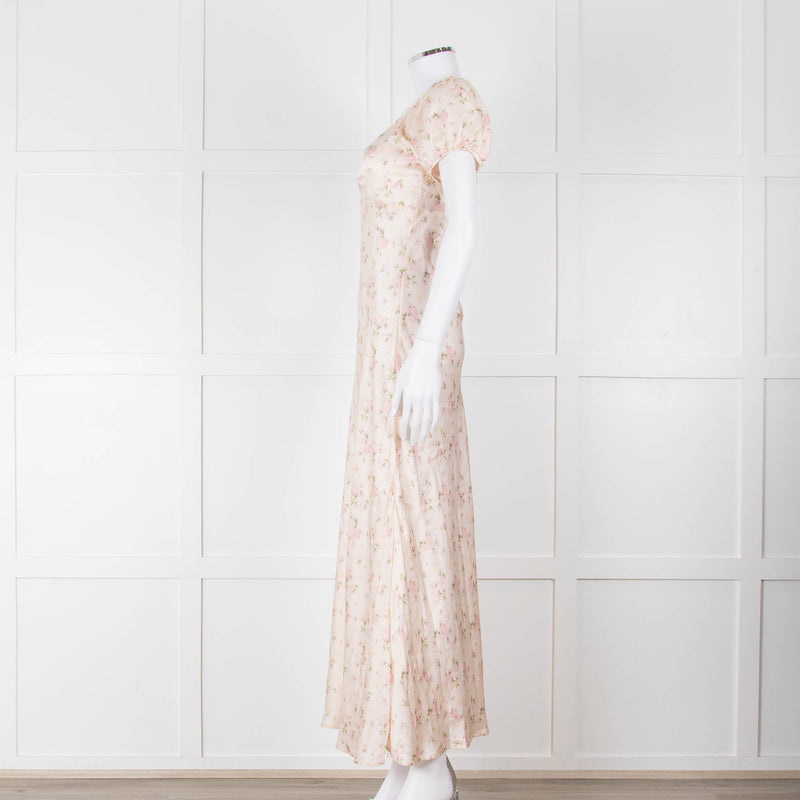 LoveShackFancy Peach Pale Pink Flower Cap Sleeve Silk Dress