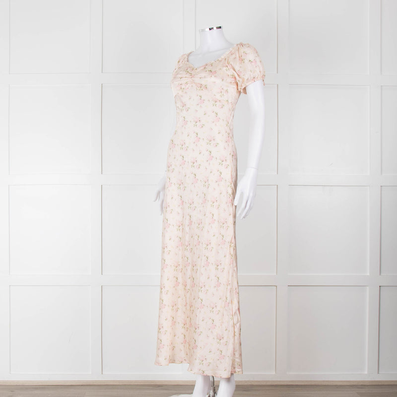 LoveShackFancy Peach Pale Pink Flower Cap Sleeve Silk Dress
