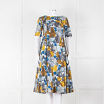 S Max Mara White Grey Yellow Circle Print Short Sleeve Midi Dress