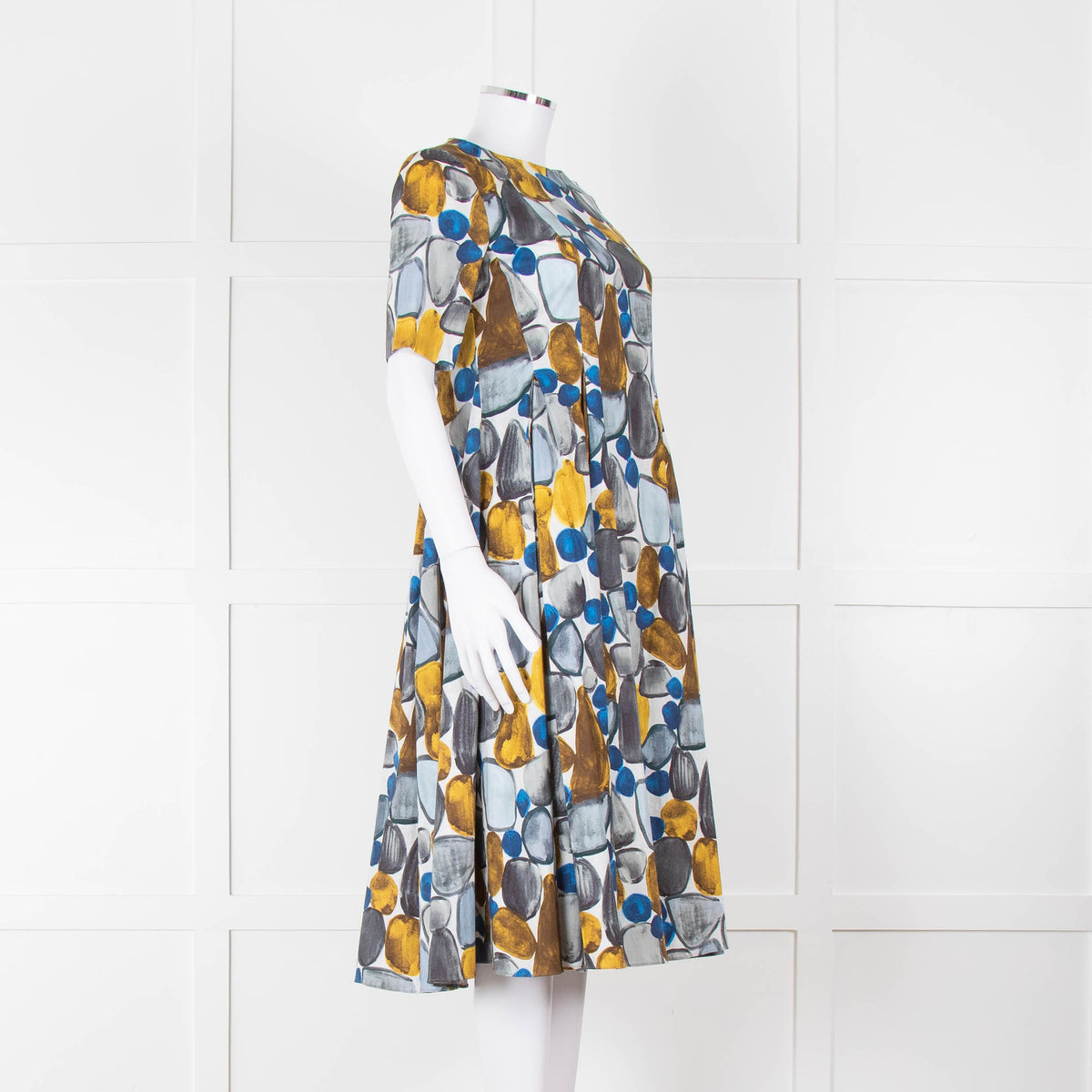 S Max Mara White Grey Yellow Circle Print Short Sleeve Midi Dress