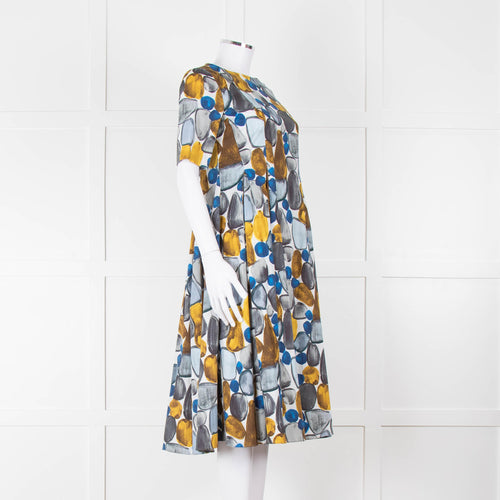 S Max Mara White Grey Yellow Circle Print Short Sleeve Midi Dress