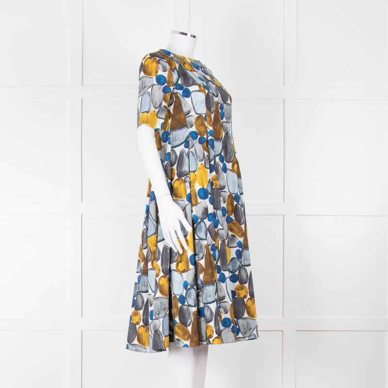 S Max Mara White Grey Yellow Circle Print Short Sleeve Midi Dress