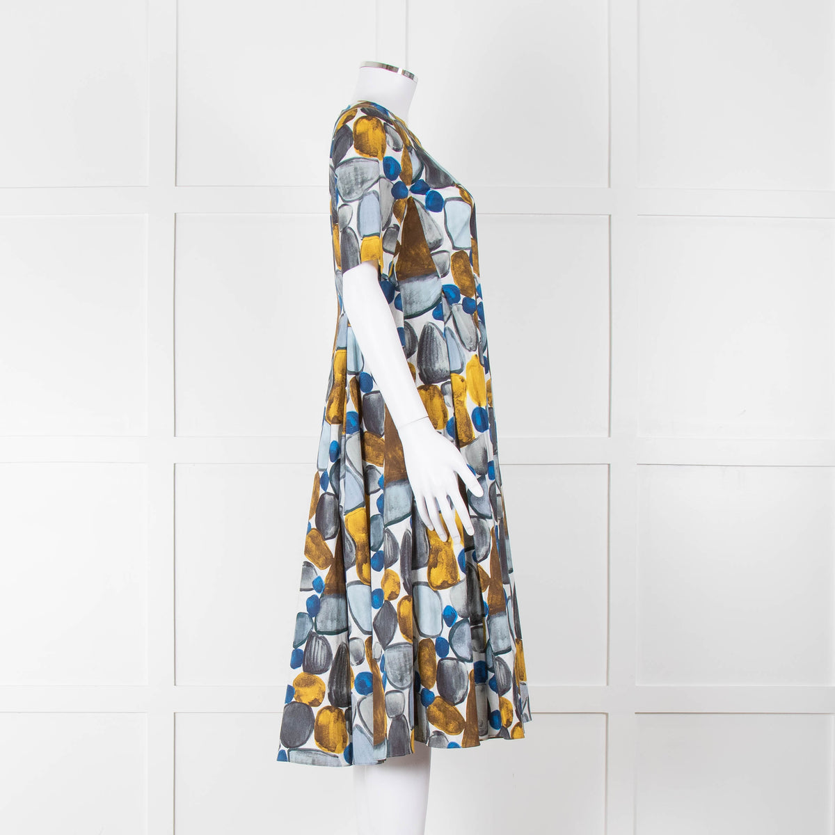 S Max Mara White Grey Yellow Circle Print Short Sleeve Midi Dress