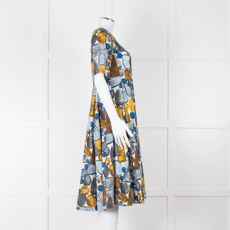 S Max Mara White Grey Yellow Circle Print Short Sleeve Midi Dress