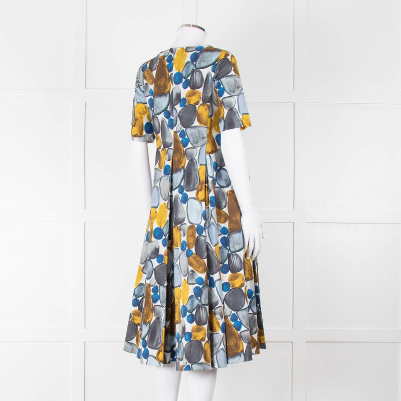 S Max Mara White Grey Yellow Circle Print Short Sleeve Midi Dress