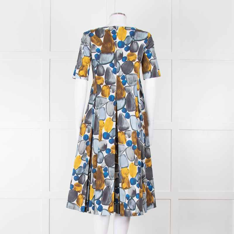 S Max Mara White Grey Yellow Circle Print Short Sleeve Midi Dress