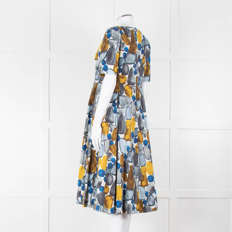 S Max Mara White Grey Yellow Circle Print Short Sleeve Midi Dress