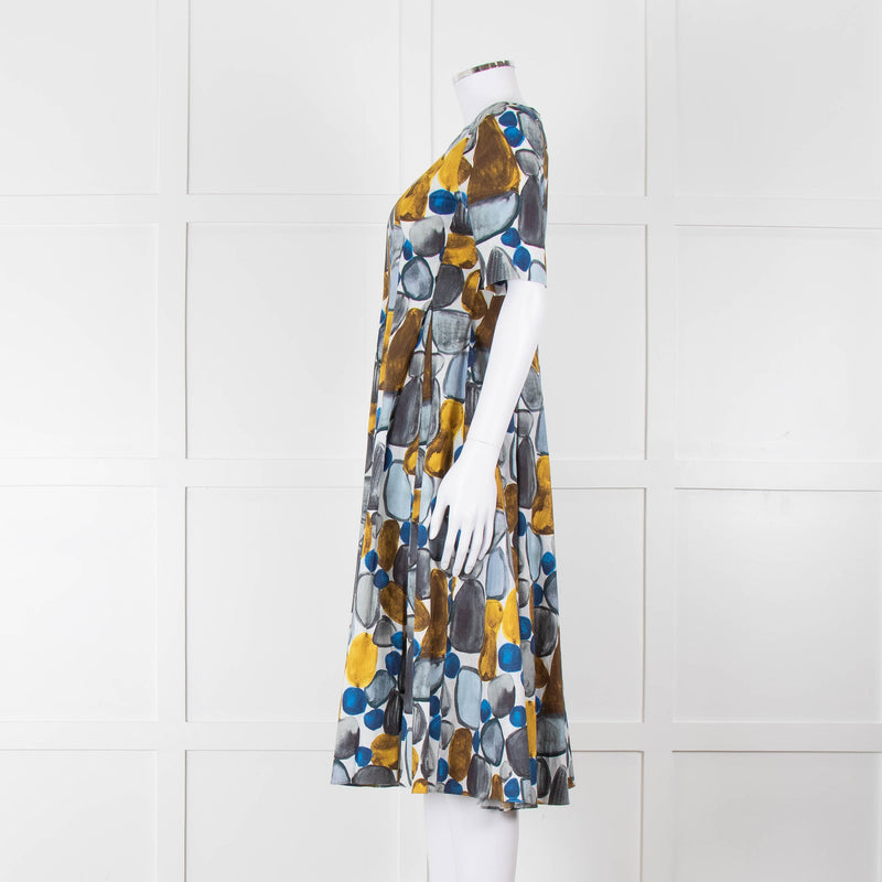 S Max Mara White Grey Yellow Circle Print Short Sleeve Midi Dress