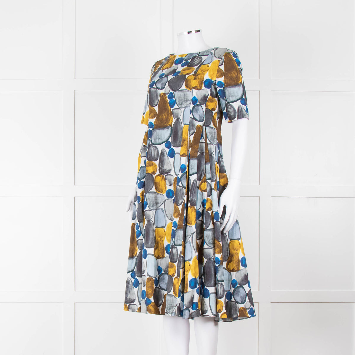 S Max Mara White Grey Yellow Circle Print Short Sleeve Midi Dress