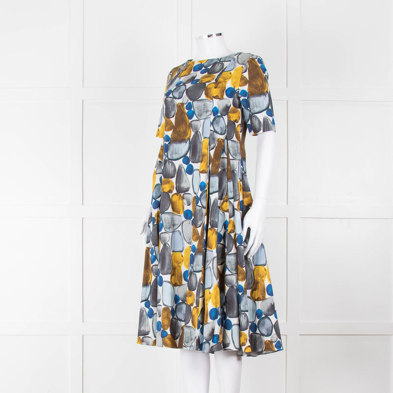 S Max Mara White Grey Yellow Circle Print Short Sleeve Midi Dress