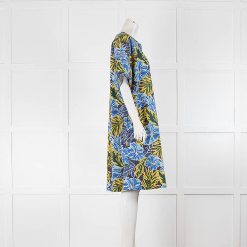 Weekend Max Mara Blue Yellow  Botanical Cotton Short Sleeve Dress