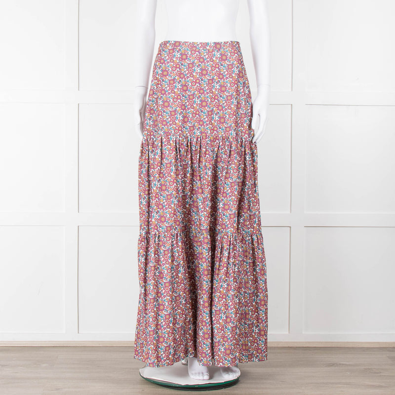 Ridley White Purple Teal Needlecord Tiered Maxi  Skirt