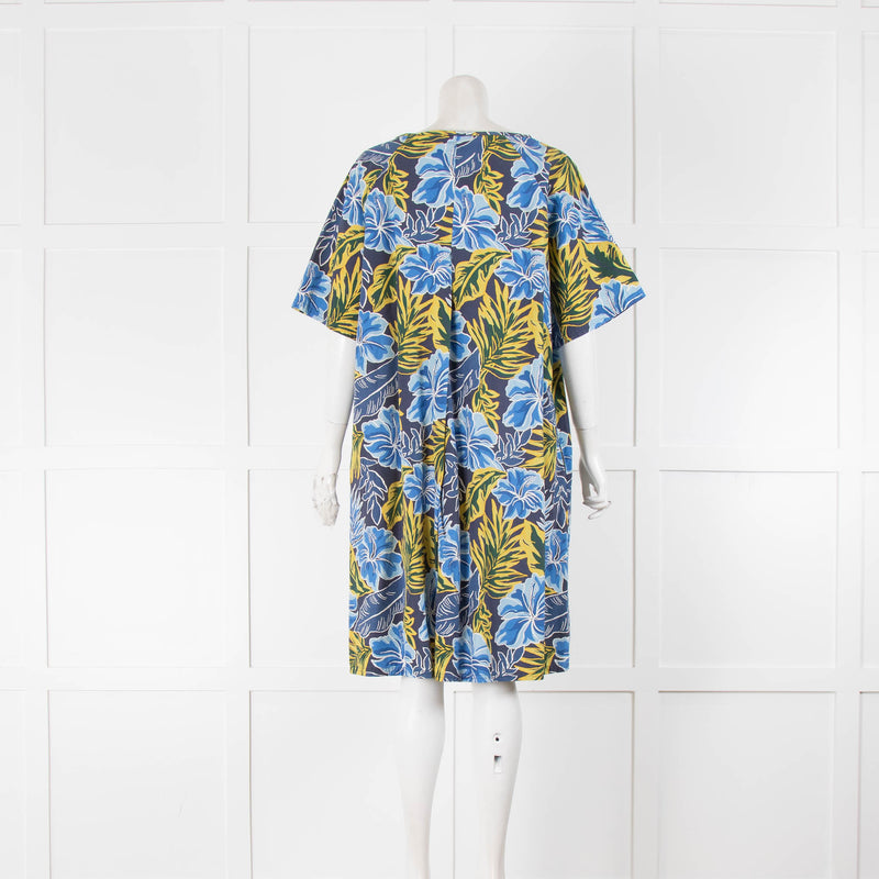 Weekend Max Mara Blue Yellow  Botanical Cotton Short Sleeve Dress