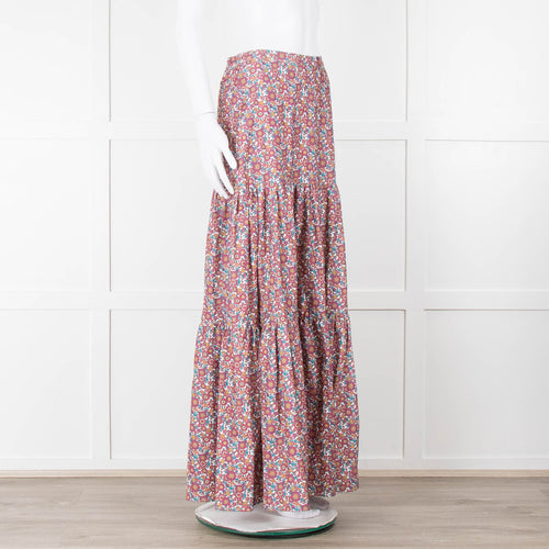 Ridley White Purple Teal Needlecord Tiered Maxi  Skirt