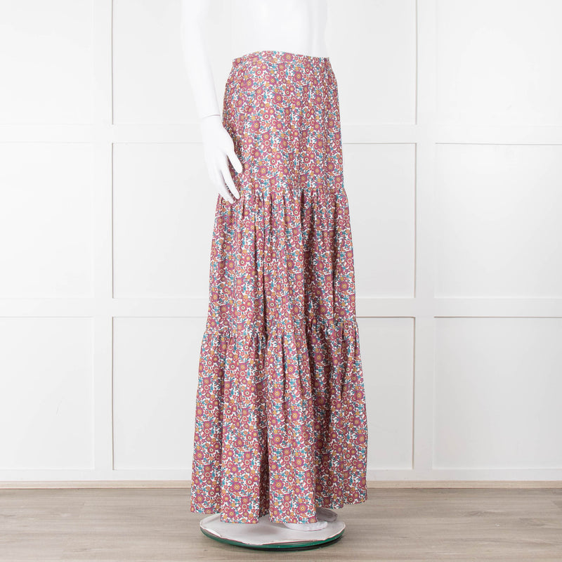 Ridley White Purple Teal Needlecord Tiered Maxi  Skirt