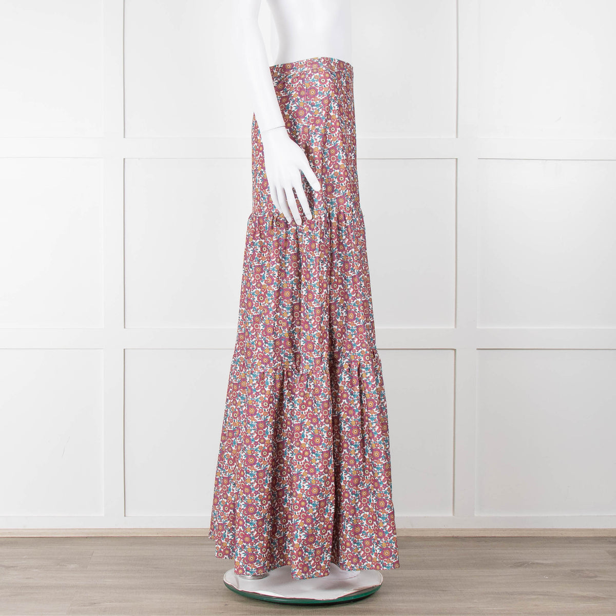 Ridley White Purple Teal Needlecord Tiered Maxi  Skirt