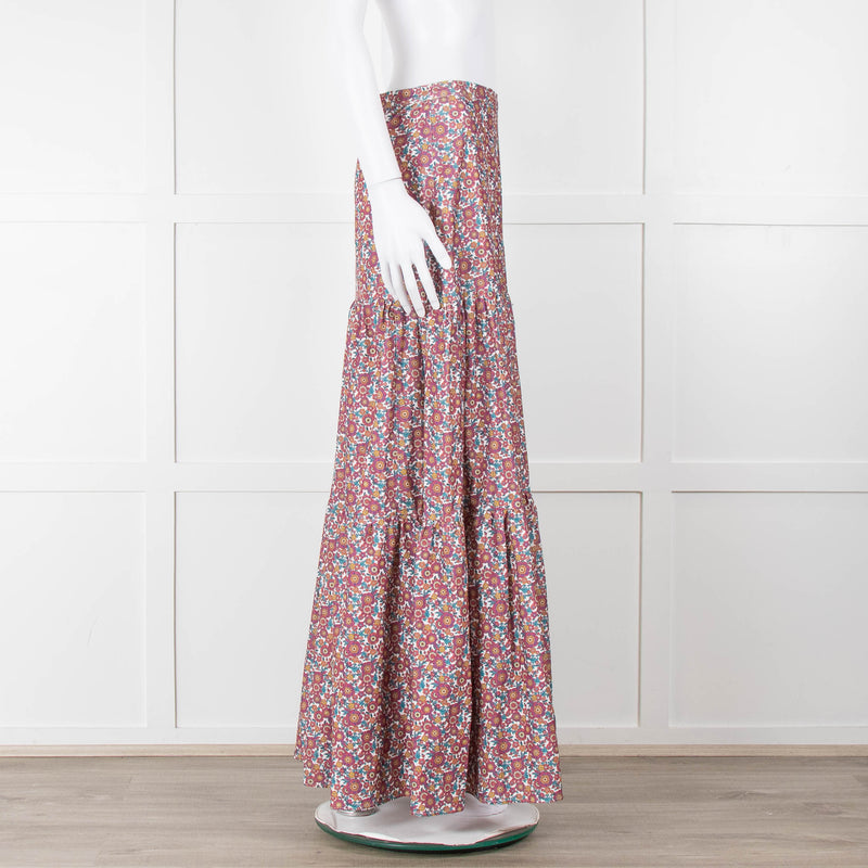 Ridley White Purple Teal Needlecord Tiered Maxi  Skirt