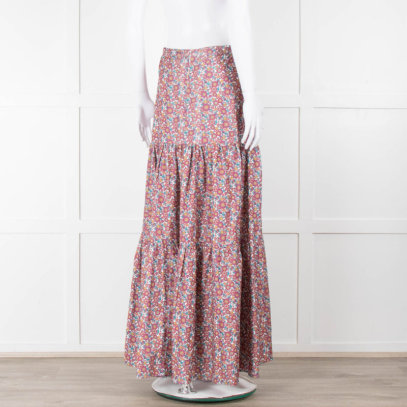Ridley White Purple Teal Needlecord Tiered Maxi  Skirt