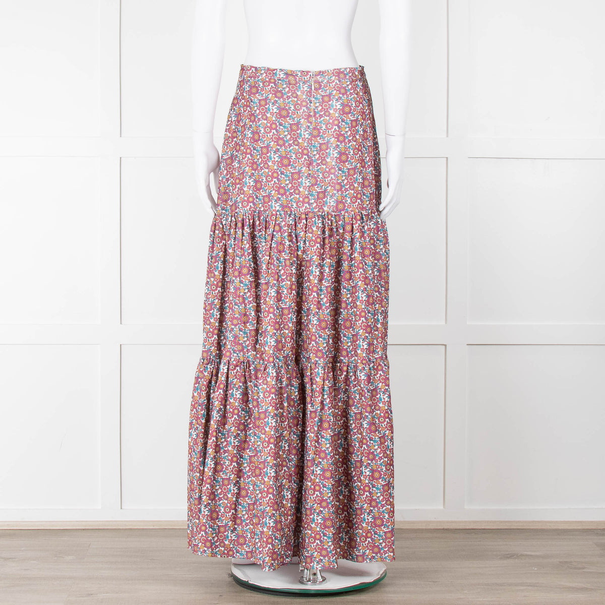 Ridley White Purple Teal Needlecord Tiered Maxi  Skirt
