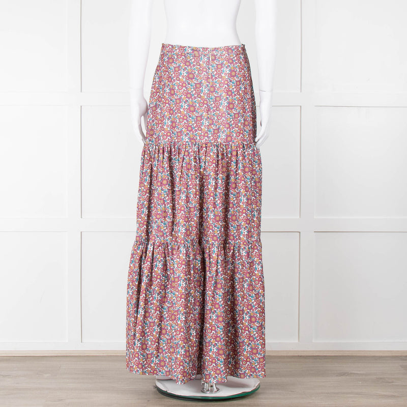 Ridley White Purple Teal Needlecord Tiered Maxi  Skirt