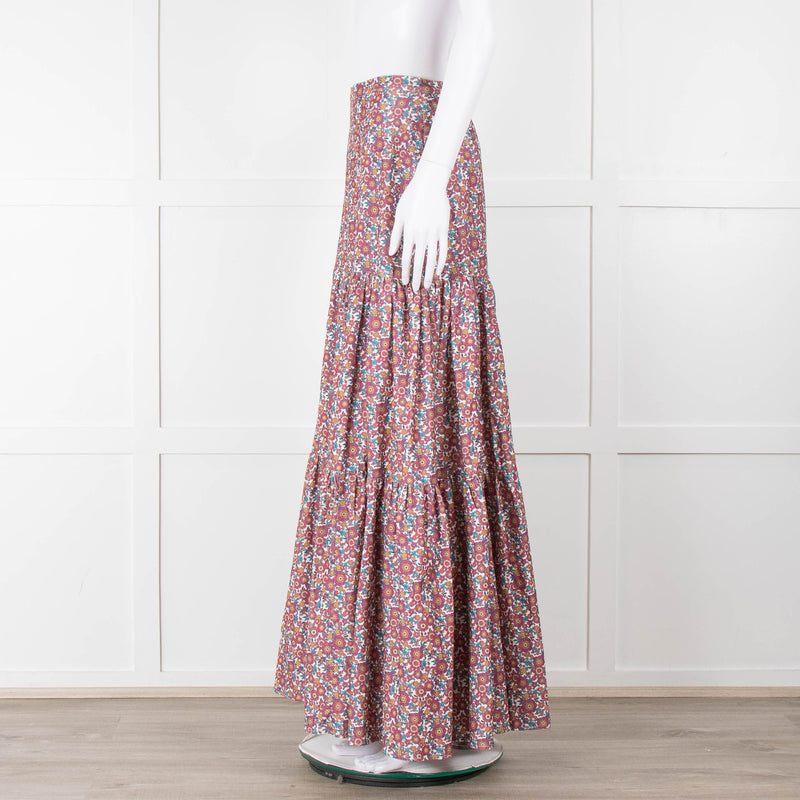 Ridley White Purple Teal Needlecord Tiered Maxi  Skirt