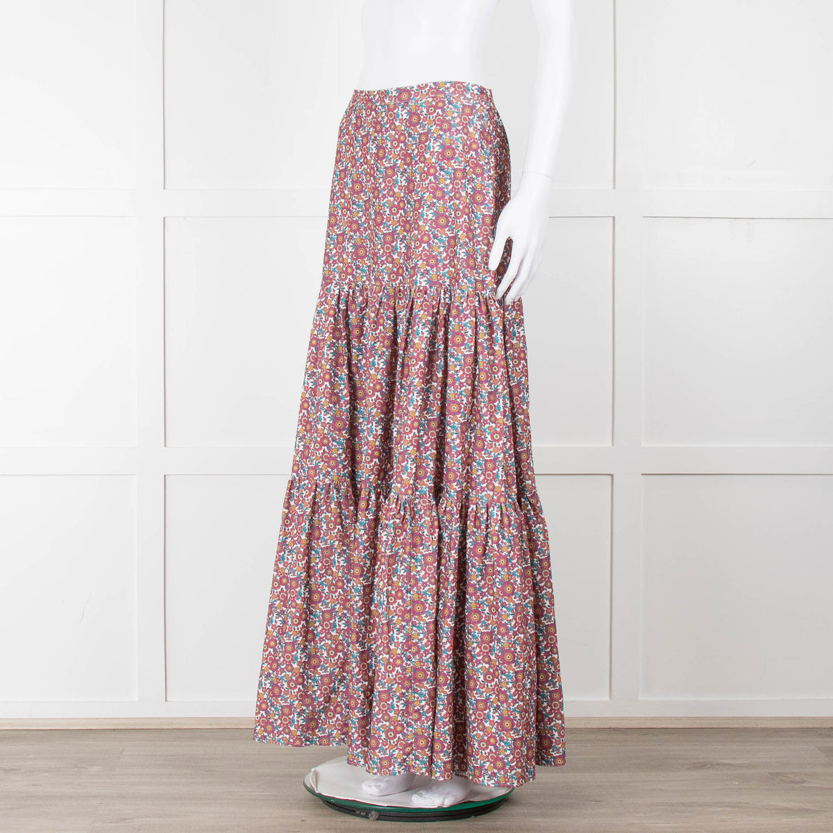 Ridley White Purple Teal Needlecord Tiered Maxi  Skirt