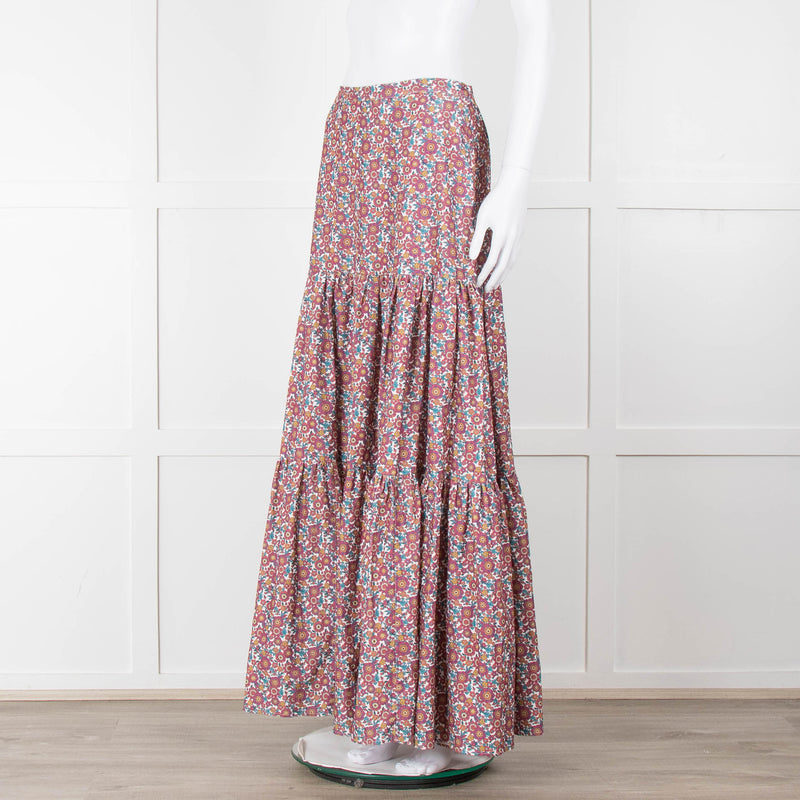 Ridley White Purple Teal Needlecord Tiered Maxi  Skirt