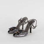 Prada Grey Sequin Peep Toe Ankle Strap Heels