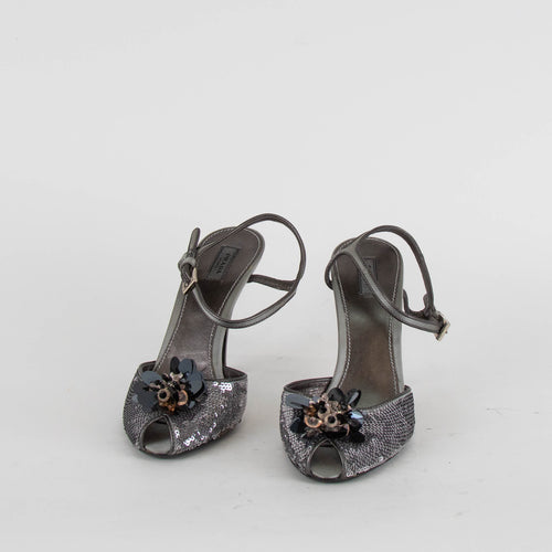 Prada Grey Sequin Peep Toe Ankle Strap Heels