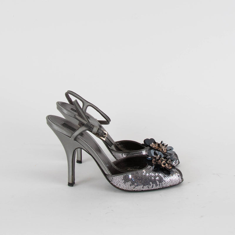 Prada Grey Sequin Peep Toe Ankle Strap Heels
