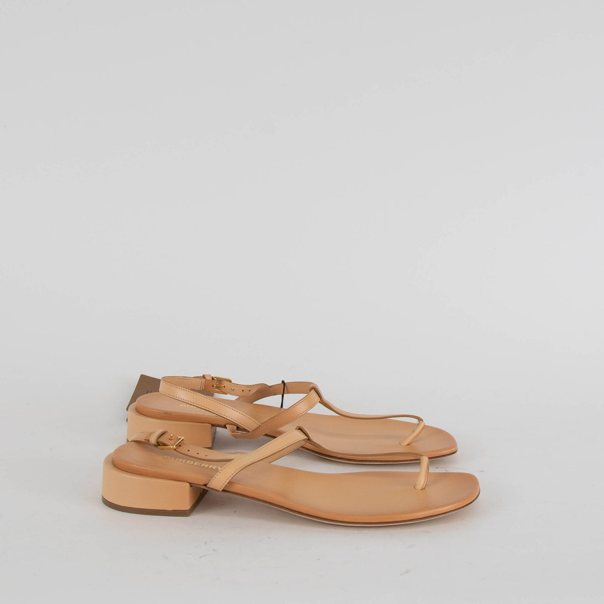 Burberry Beige Leather T-Bar Flat Sandals