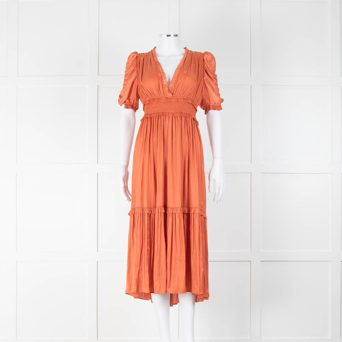 Ulla Johnson Orange Coral Satin Ruched Waist Midi Dress