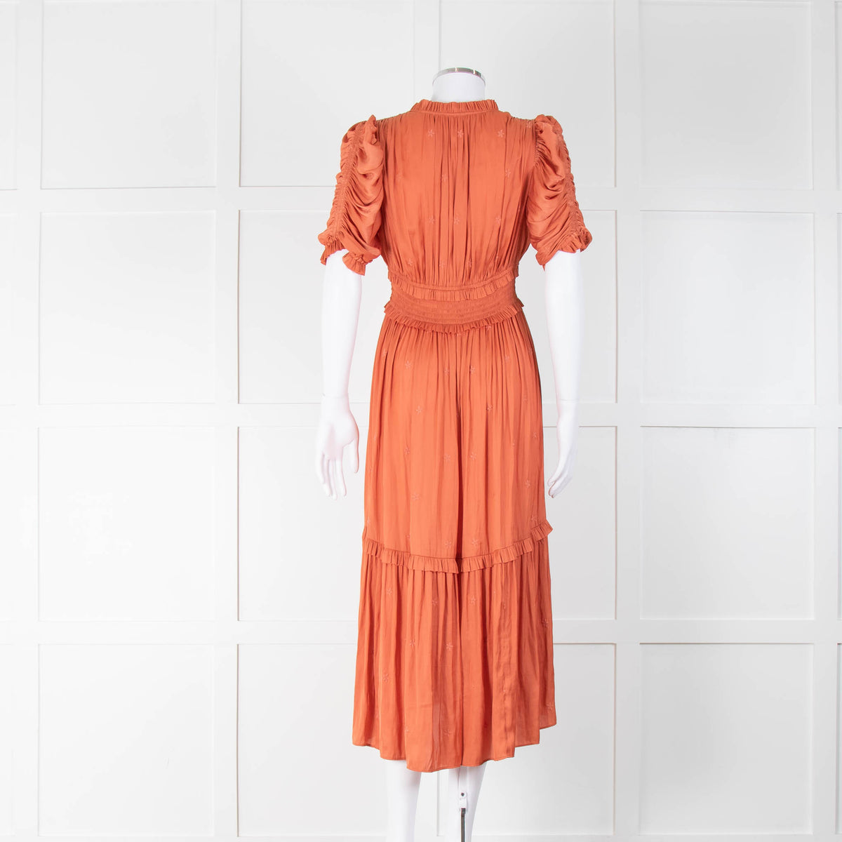 Ulla Johnson Orange Coral Satin Ruched Waist Midi Dress