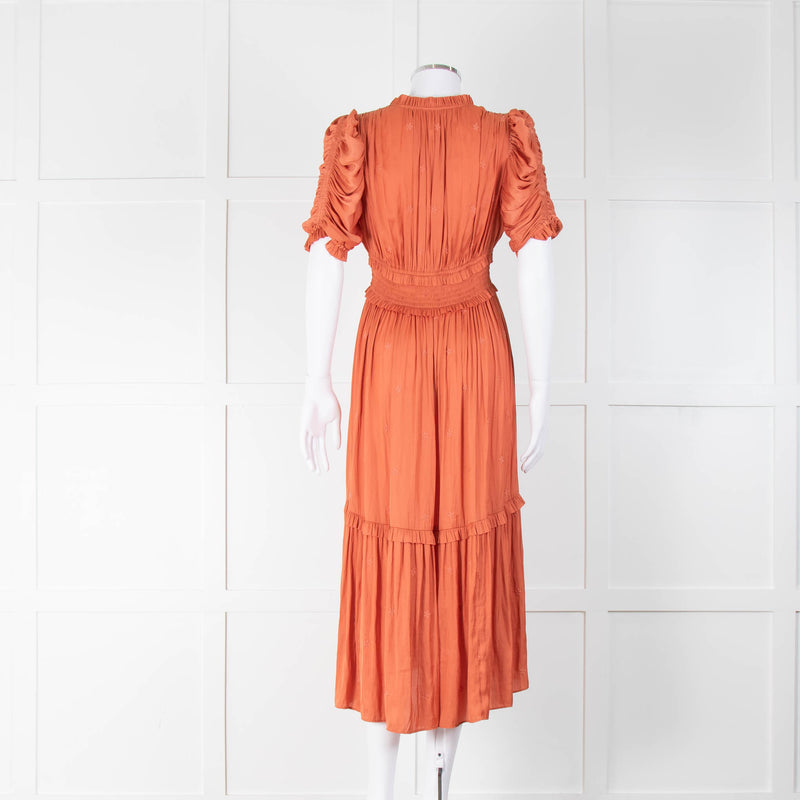 Ulla Johnson Orange Coral Satin Ruched Waist Midi Dress