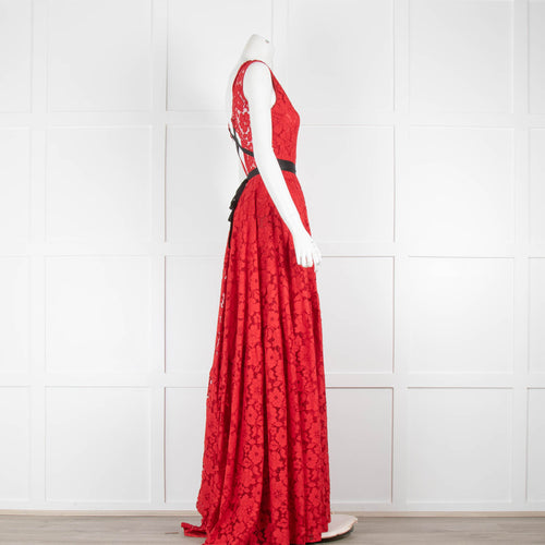 Carolina Herrera Red Lace Backless Sleeveless Evening Dress
