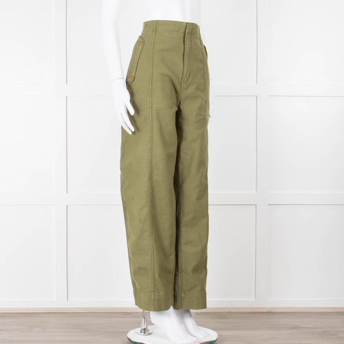 Frame Green Gold Button Wide Legged Cotton Trousers