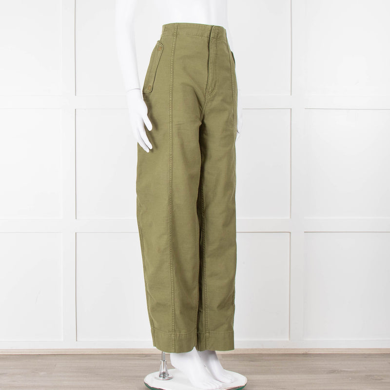 Frame Green Gold Button Wide Legged Cotton Trousers