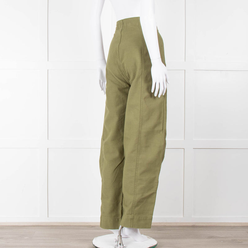 Frame Green Gold Button Wide Legged Cotton Trousers
