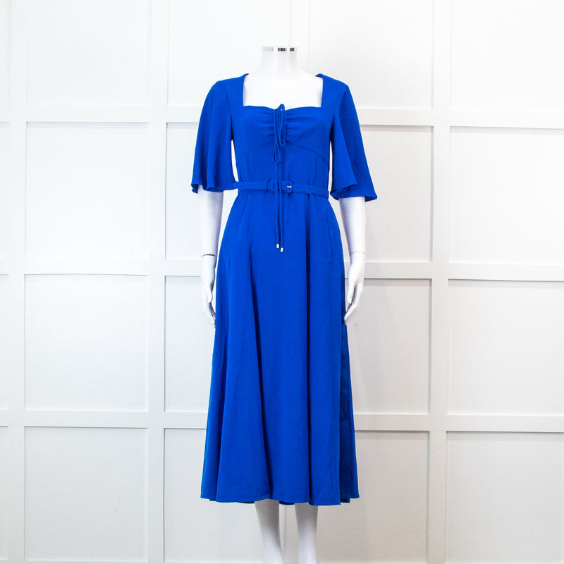 Me + Em Electric Blue Crepe Tie Neck Midi Dress With Belt