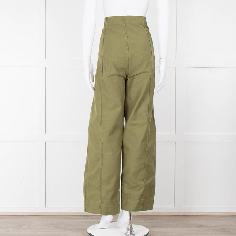 Frame Green Gold Button Wide Legged Cotton Trousers