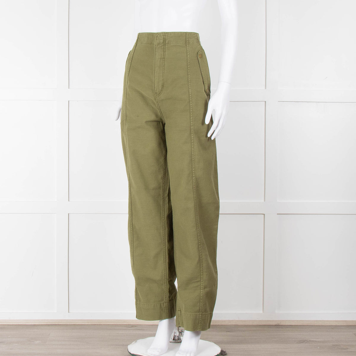 Frame Green Gold Button Wide Legged Cotton Trousers