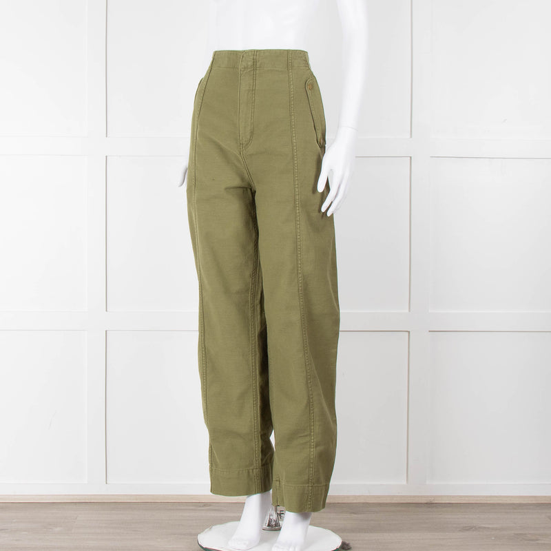 Frame Green Gold Button Wide Legged Cotton Trousers